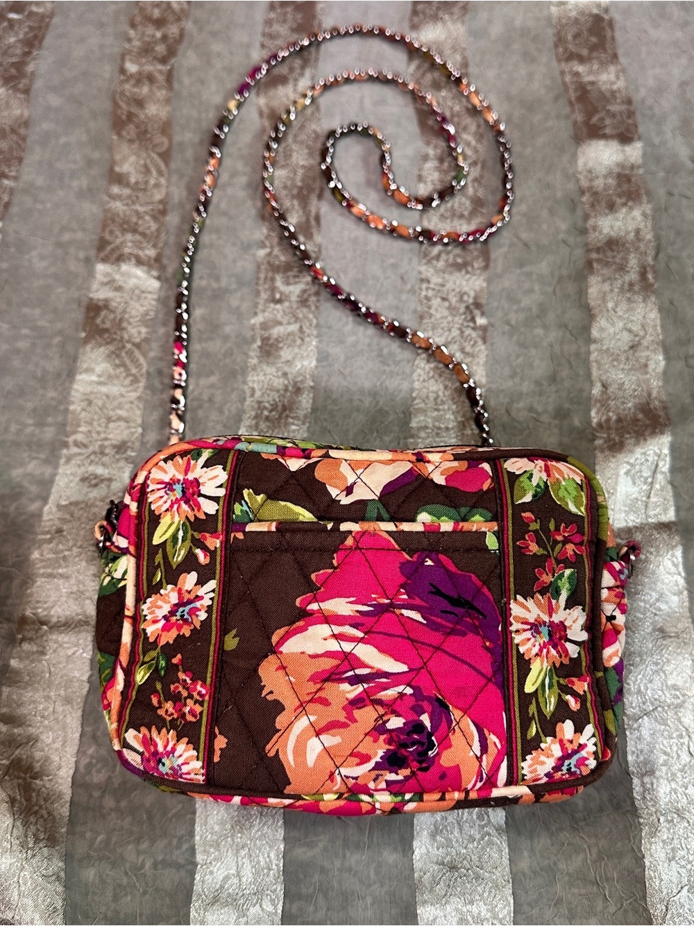 Vera Bradley English Floral Rose Brown Mini Chain Crossbody Bag